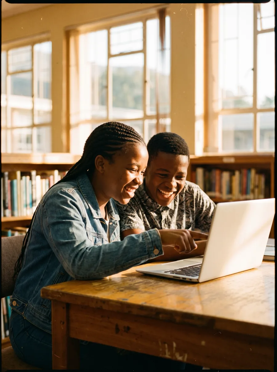 Two teenagers sharing a laptop at a library desk