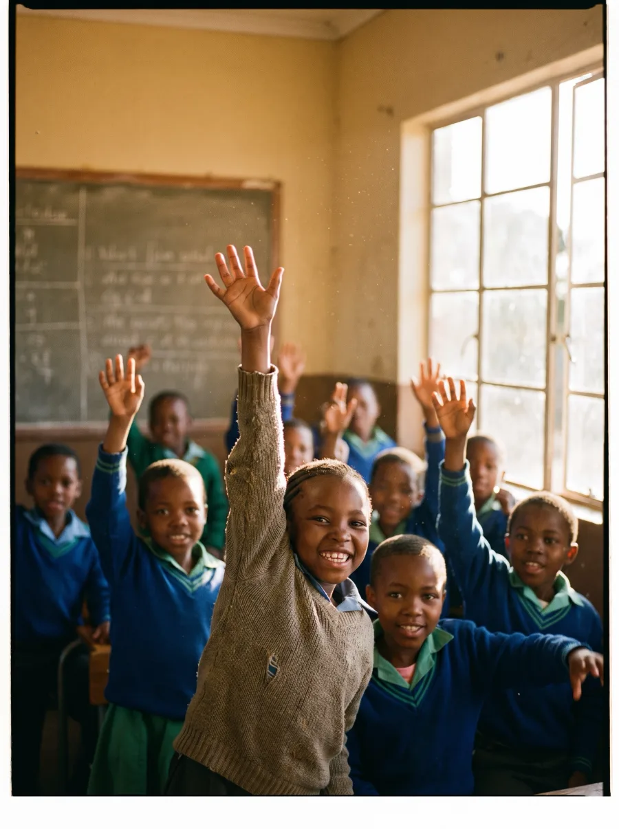 School learners raising their hands in a bright classroom