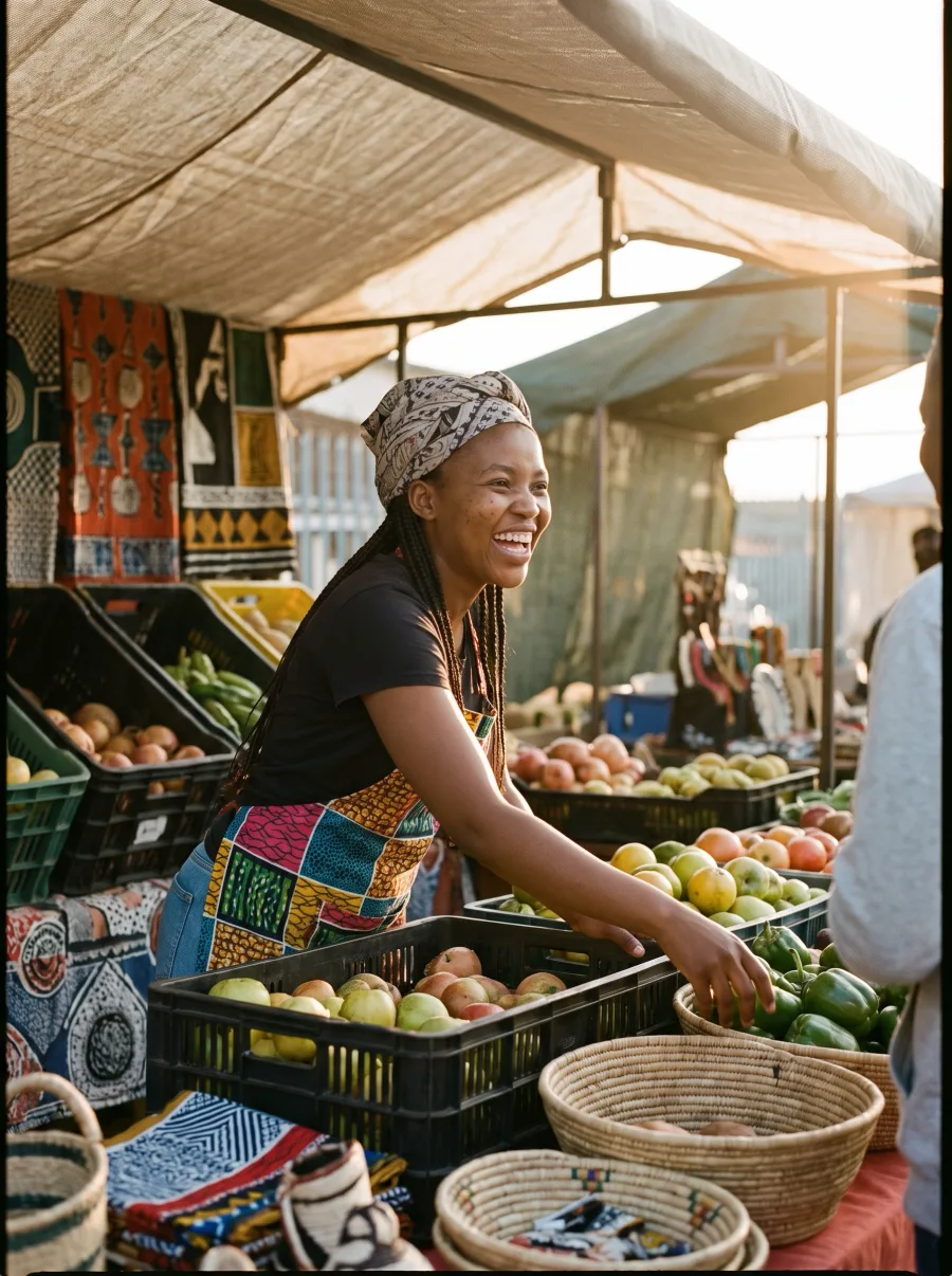 A young woman arranging goods at her small market stall