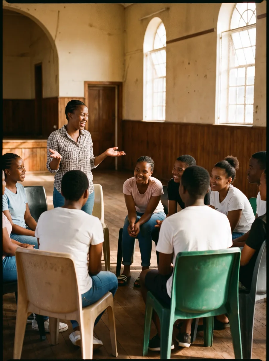 Young people in discussion at a community hall
