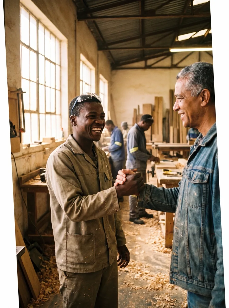 A young man shaking hands with a supervisor on his first day at work
